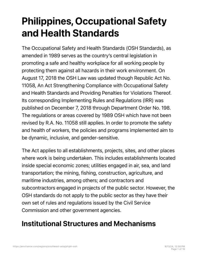 Philippine OSH Standards Overview | PDF | Occupational Safety And ...