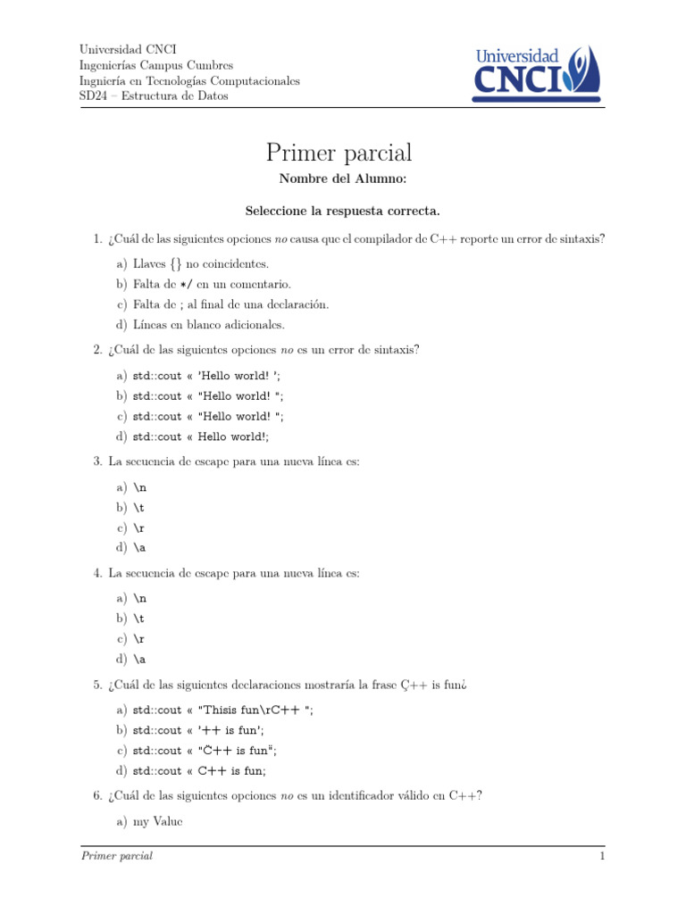 Examen C++: Estructura de Datos Primer Parcial | PDF | C ++ | Informática
