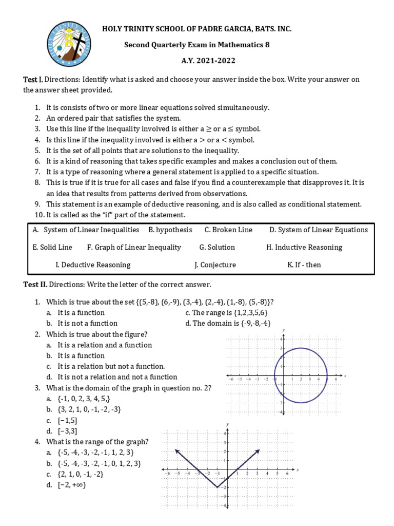 Grade 8 Math 2nd Quarter Exam | PDF | Function (Mathematics) | Language ...