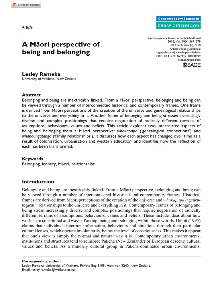 Rameka 2018 A Maori Perspective of Being and Belonging | PDF