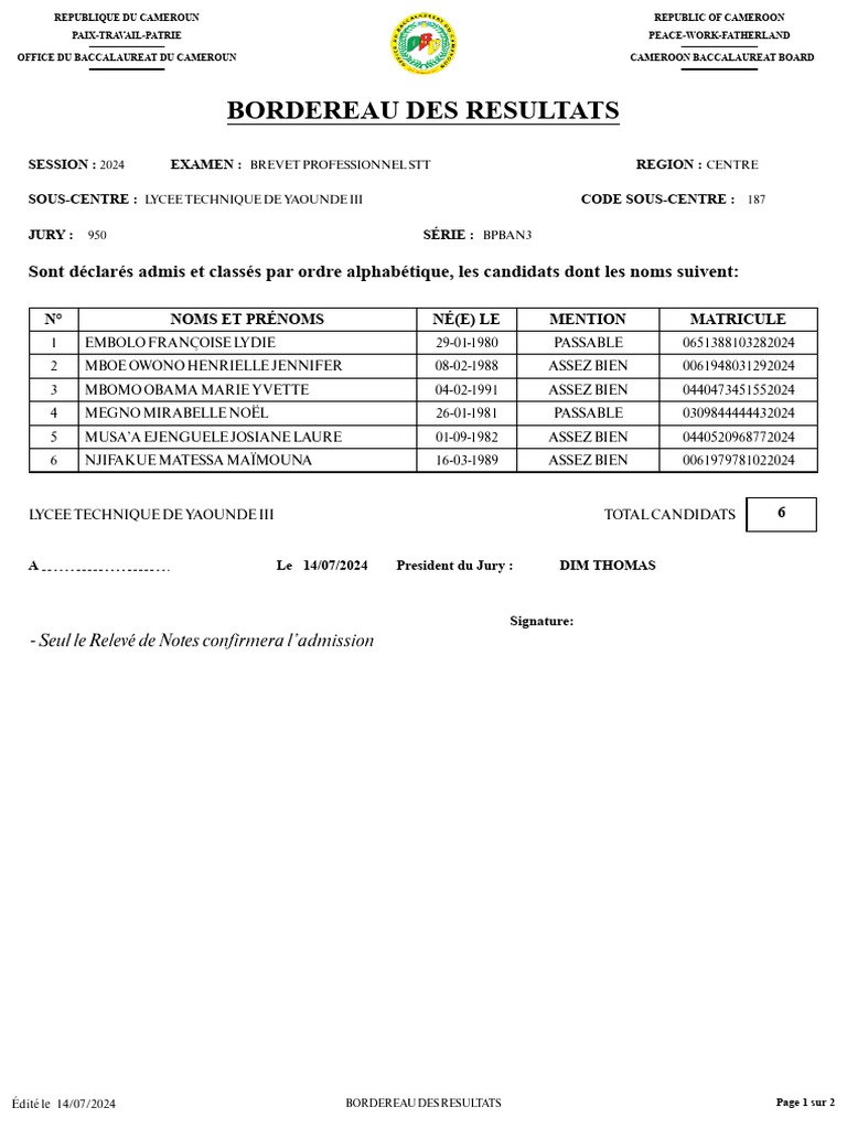 Bordereau Des Resultats Bpban3 | PDF