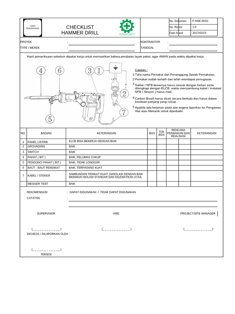 FORM CHECKLIST INSPEKSI HAMMER DRILL | PDF