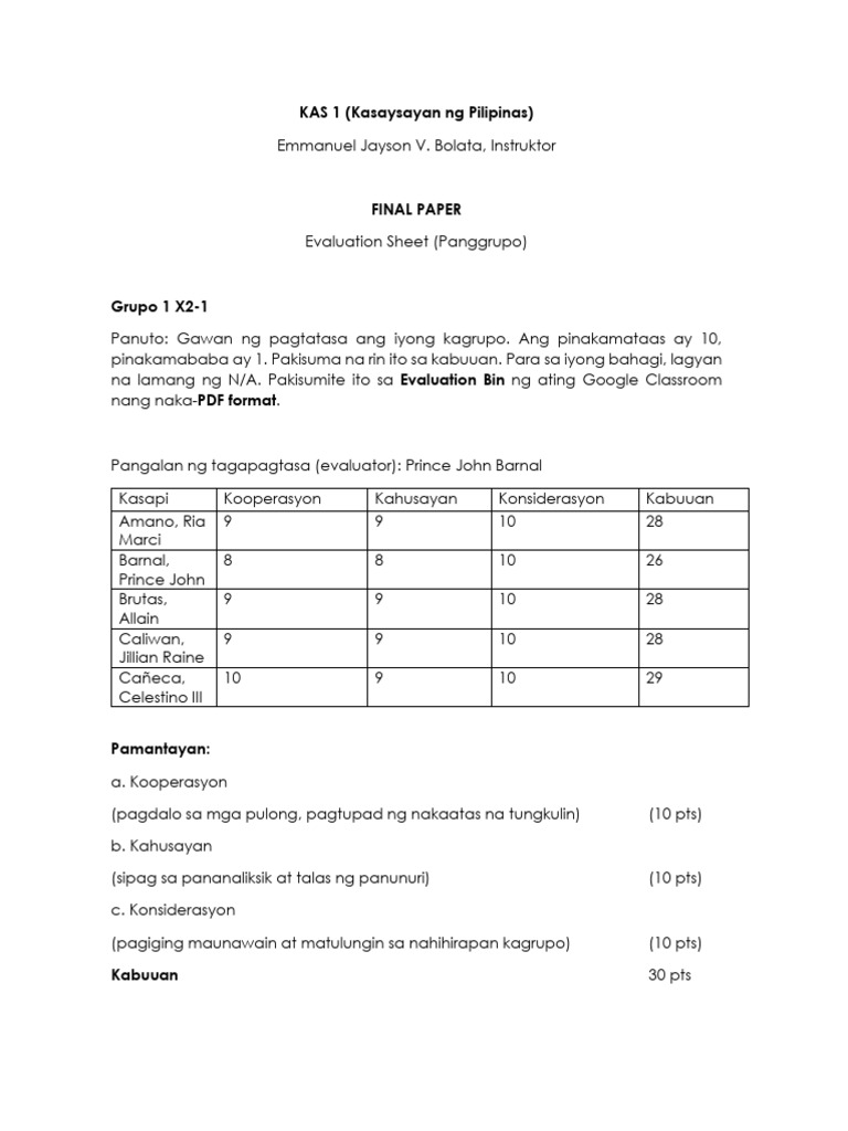 Kas 1 x2 1 group 1 final evaluation sheet pdf