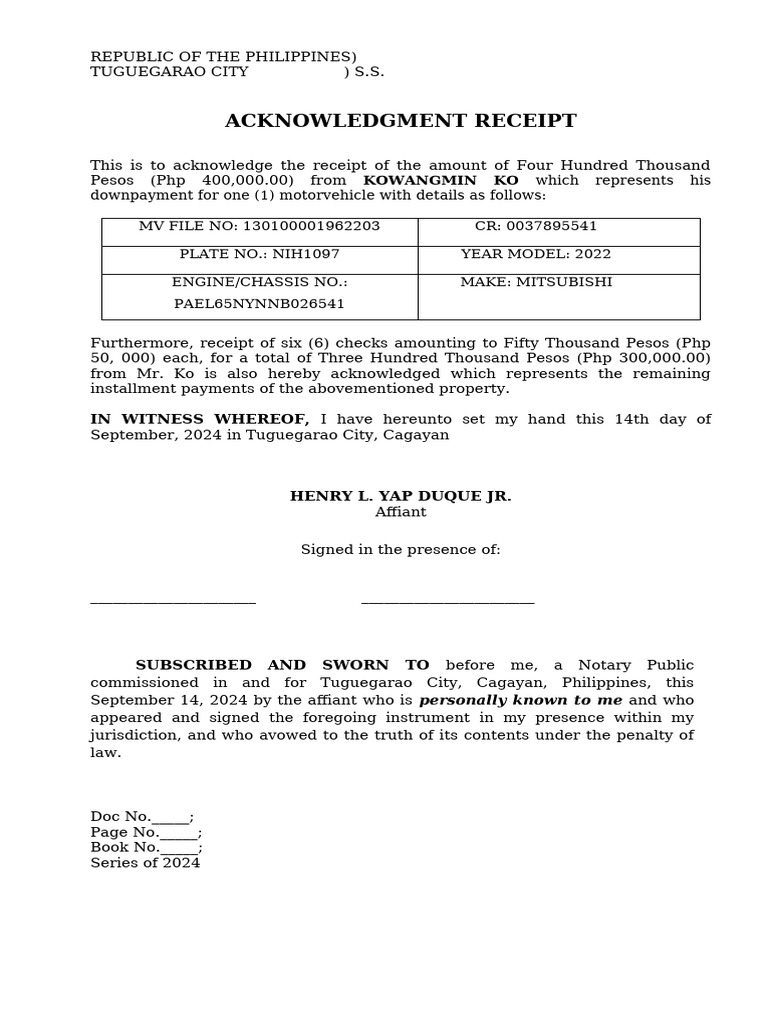 Ackowledgement Receipt W Notary | PDF | Finance & Money Management ...