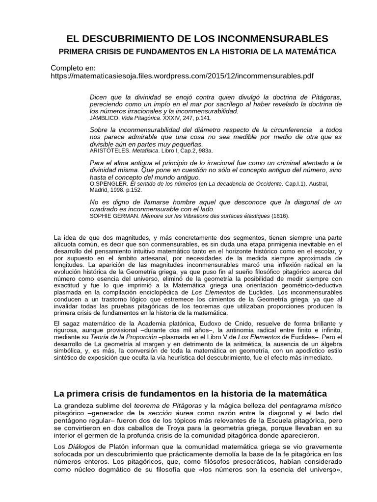 Crisis de la Inconmensurabilidad Matemática | PDF | Números | Ciencias ...