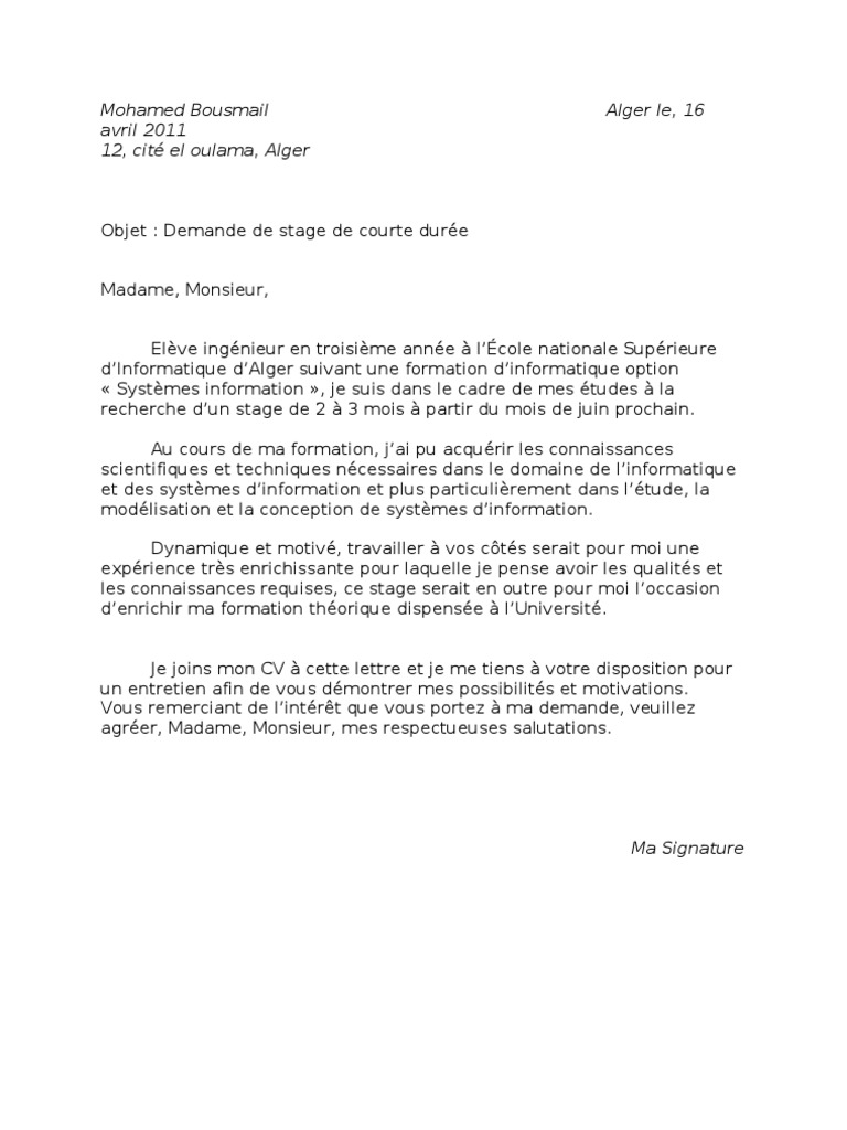 Lettre Motivation Stage Ash Simple Et Courte  Exemples de lettres de