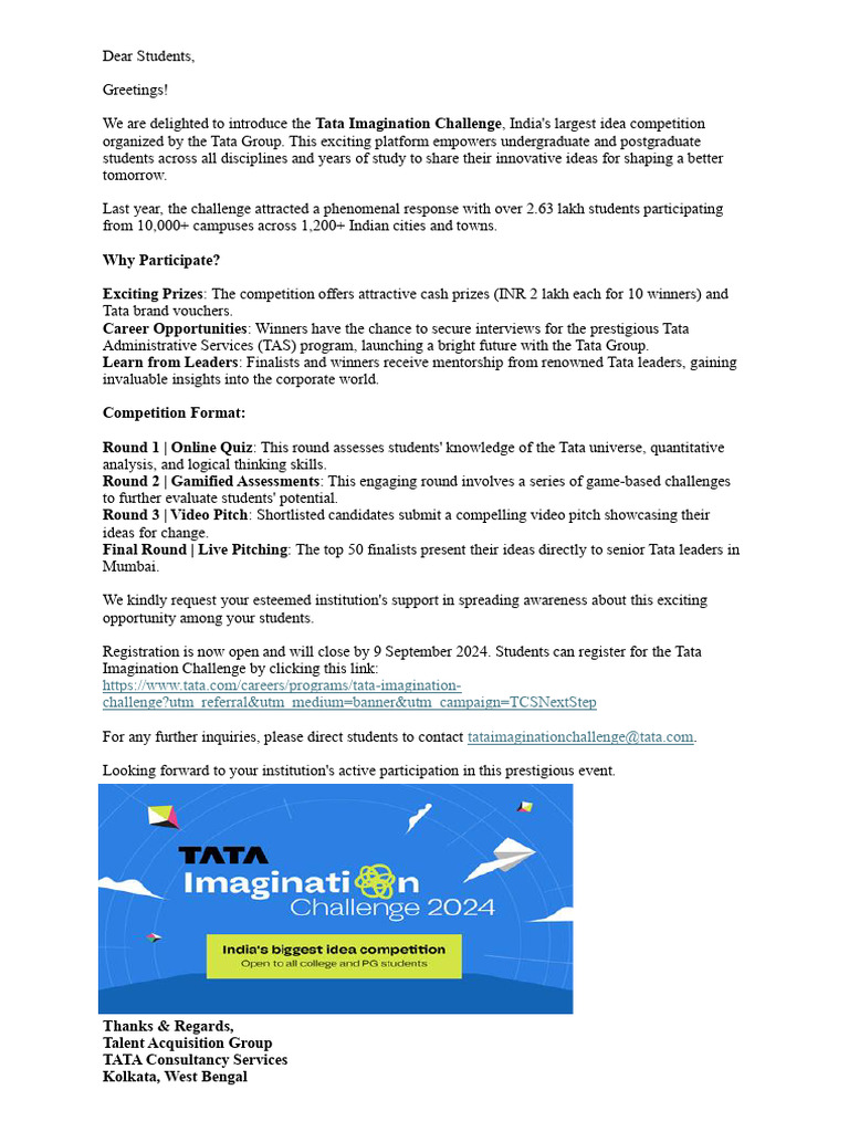 Tata Imagination Challenge Notice | PDF