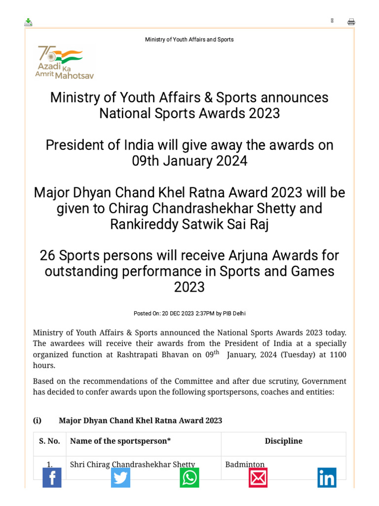 National Sports Awards 2023 Announced | PDF | Sports | Sports & Recreation