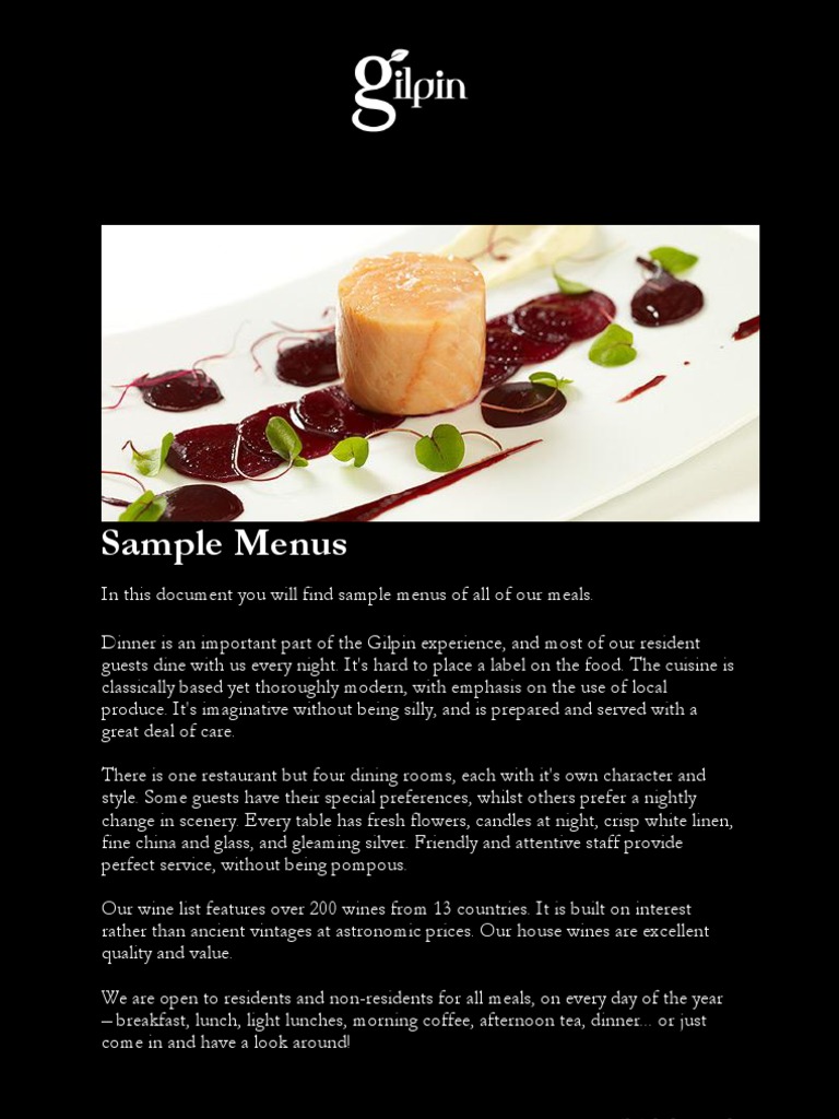 Gilpin Hotel + Lake House Sample Menus | PDF | Food And Drink | Cuisine