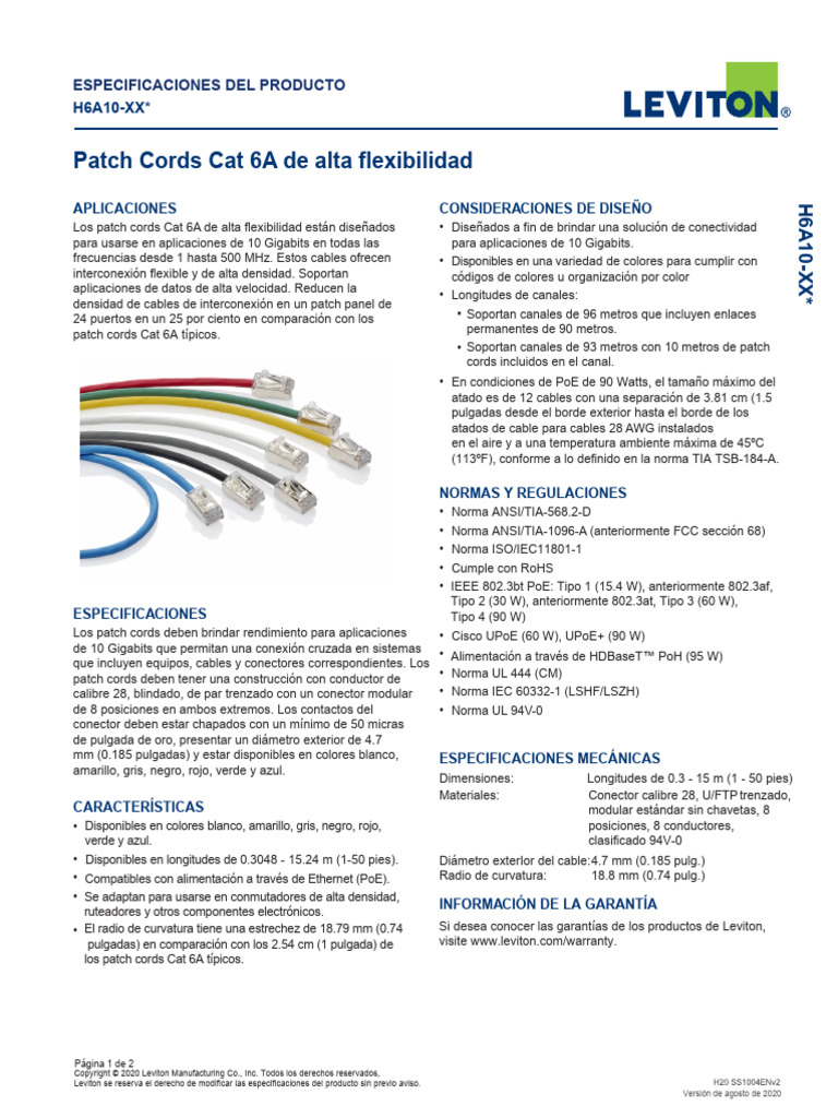 Leviton H6A10 Cat 6A HighFlex Patch Cords Esp | PDF