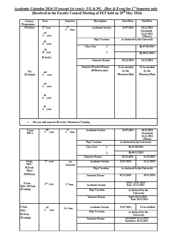 Academic Calendar 2024 25 Except 1st Year UG PG Day Even For 1st ...
