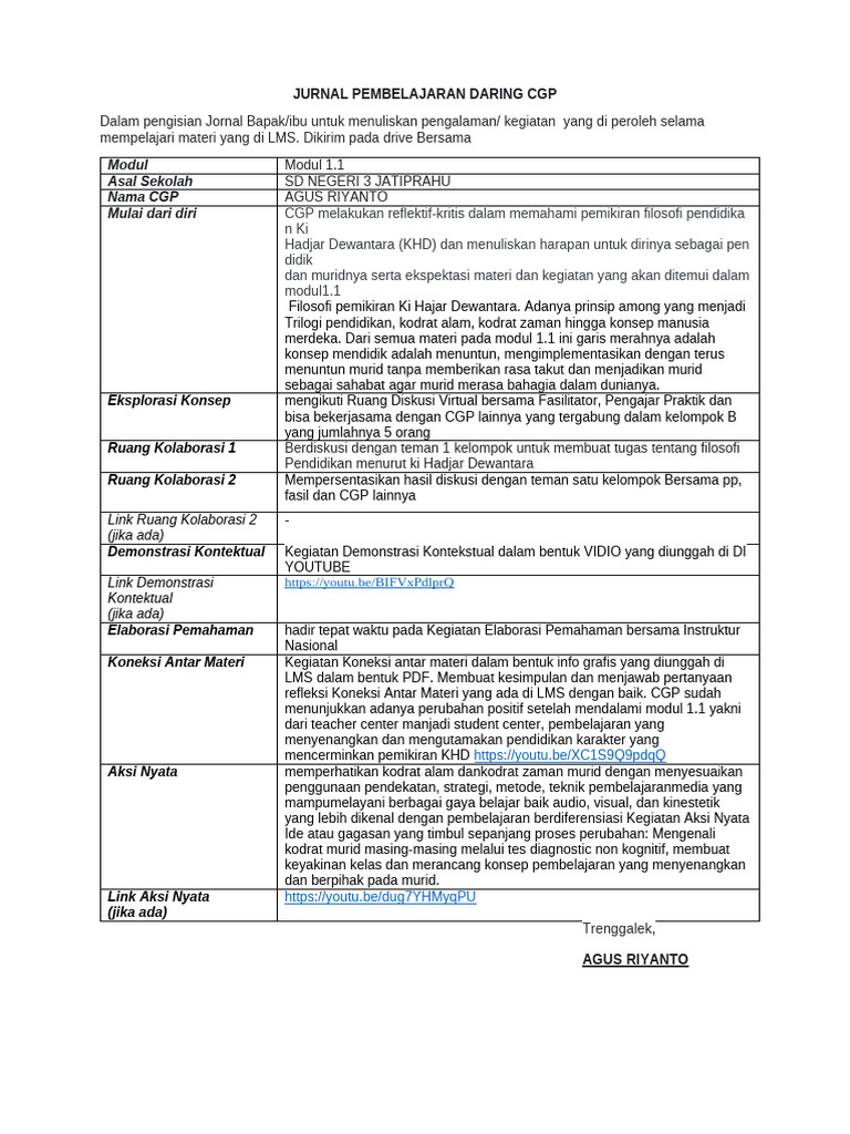 Jurnal Pembelajaran Daring CGP Modul 1.1 | PDF