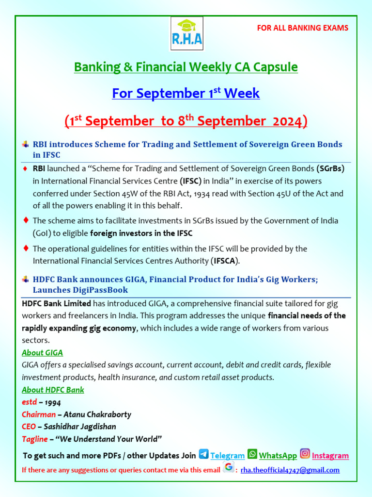 September 2024 1st Week Banking Financial CA Capsule Compiled by | PDF