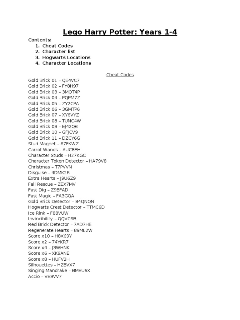 Lego Harry Potter Years 14 Contents 1. Cheat Codes 2. Character List 3. Hogwarts Locations 4