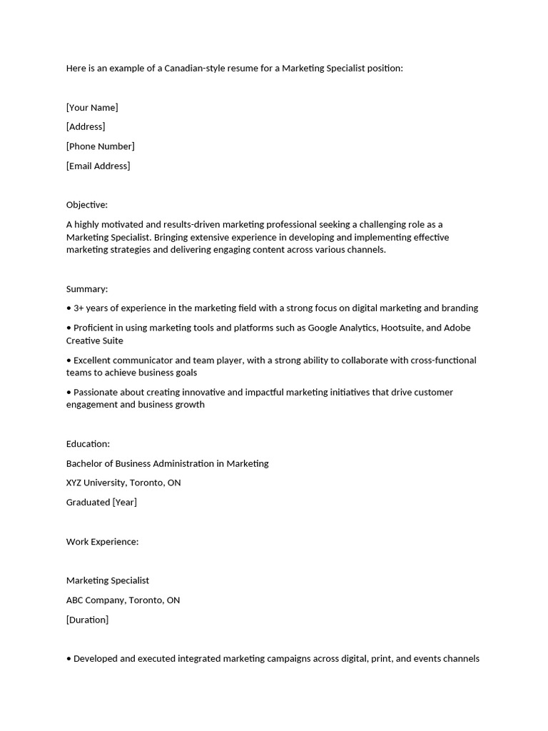 ChatGPT Canadian Style Marketing Specialist CV PDF
