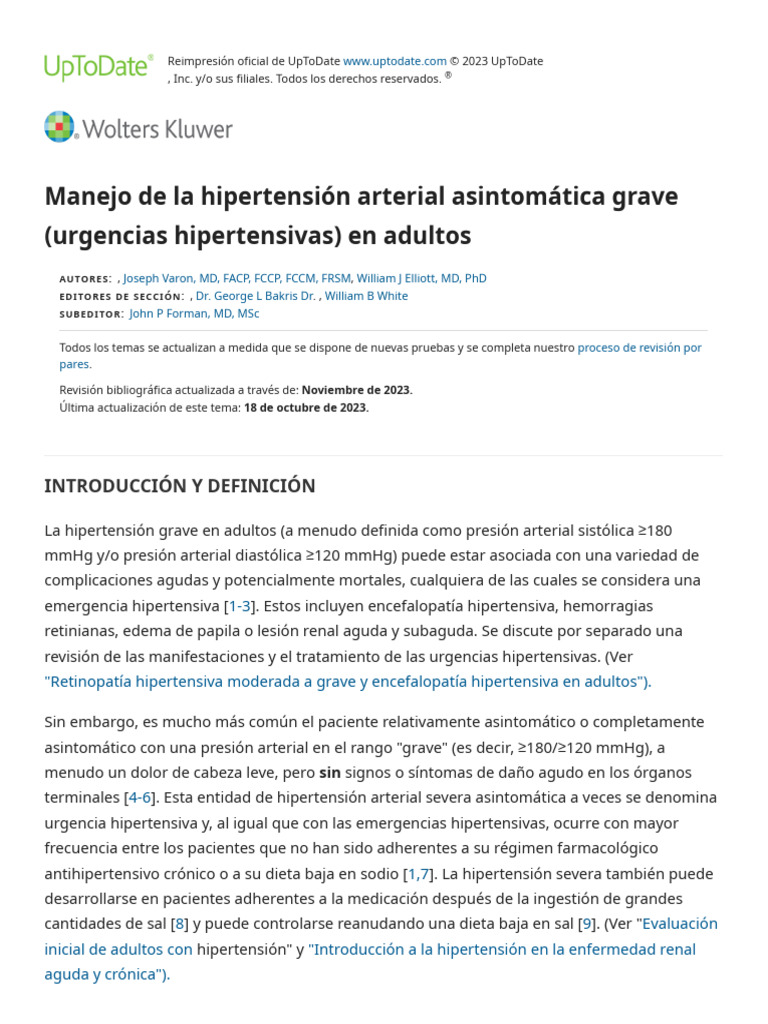 Management of severe asymptomatic hypertension hypertensive urgencies