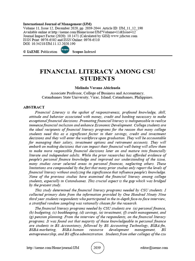Financial Literacy Needs of CSU Students | PDF | Financial Literacy ...