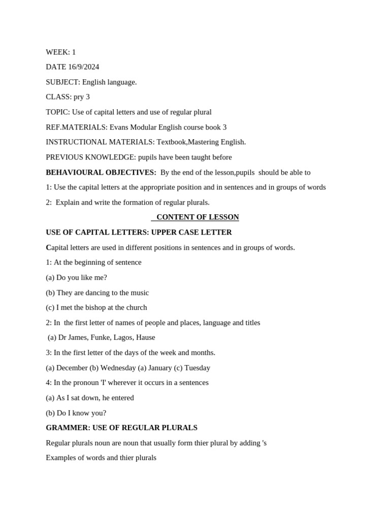 Pry 3 Lessons Note Week 1 | PDF | Plural | Teachers