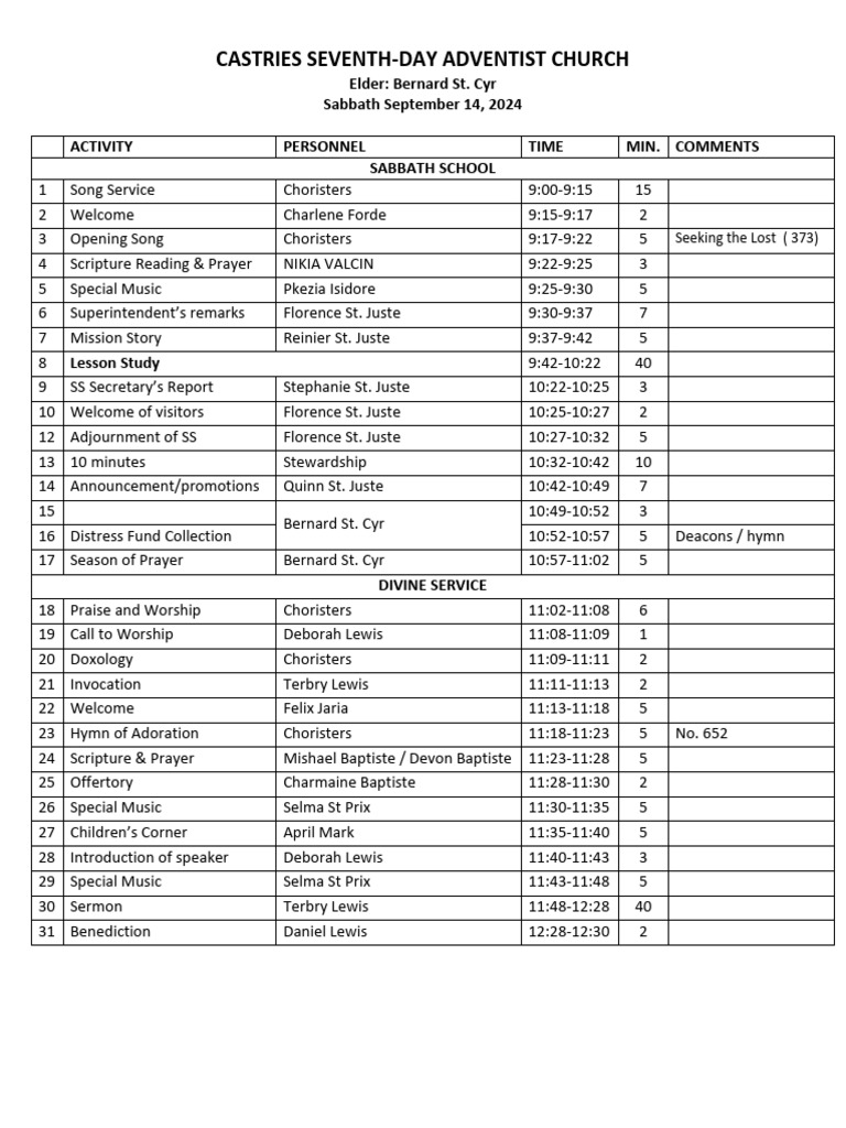 Castries SDA Church Service Schedule | PDF | Protestantism | Christian ...