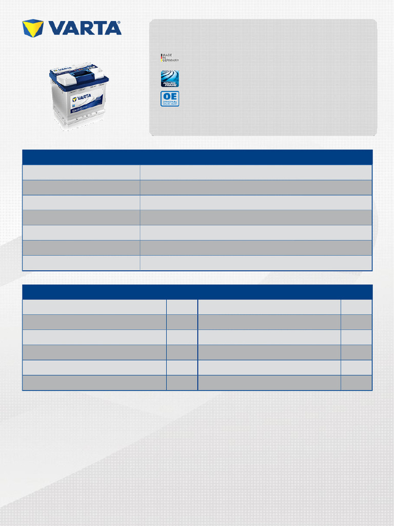 Datasheet Battery Varta c22 52ah 470a 12v - Es | PDF