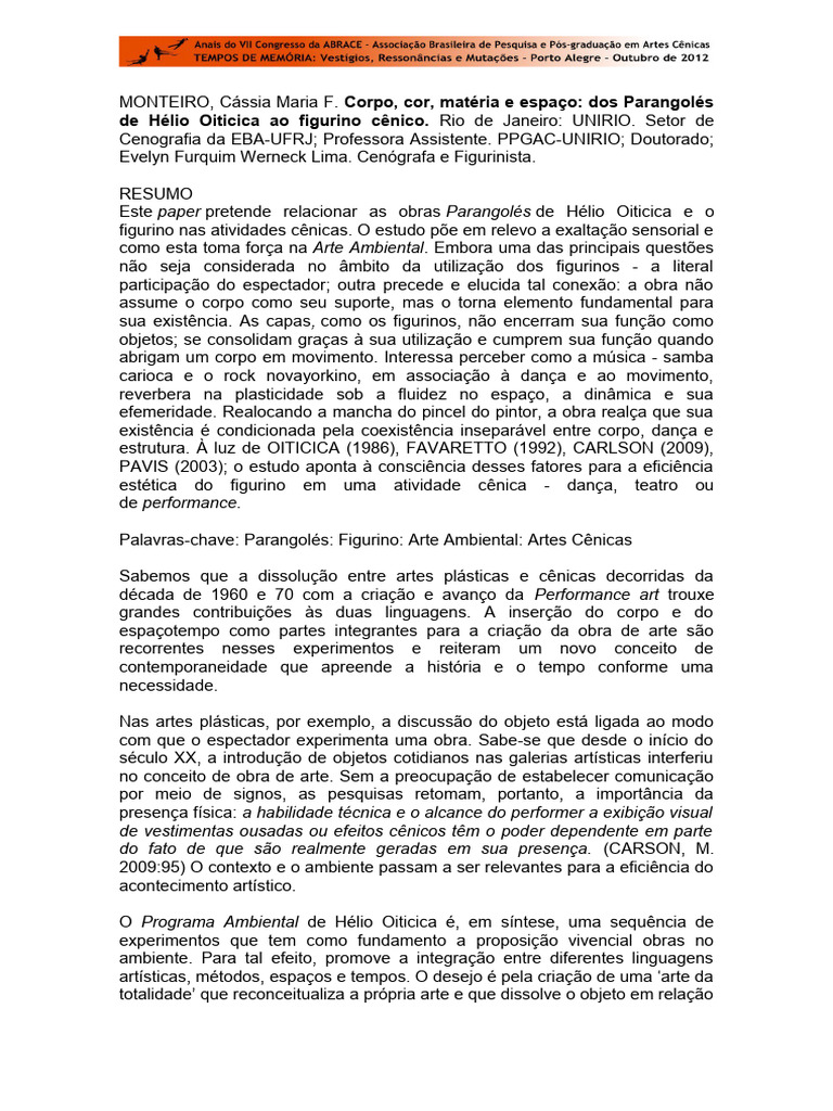 Corpo Cor Materia e Espaco Dos Parangole | PDF