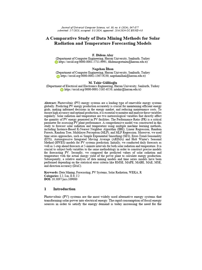 A comparative study of data mining methods for solar radiation and