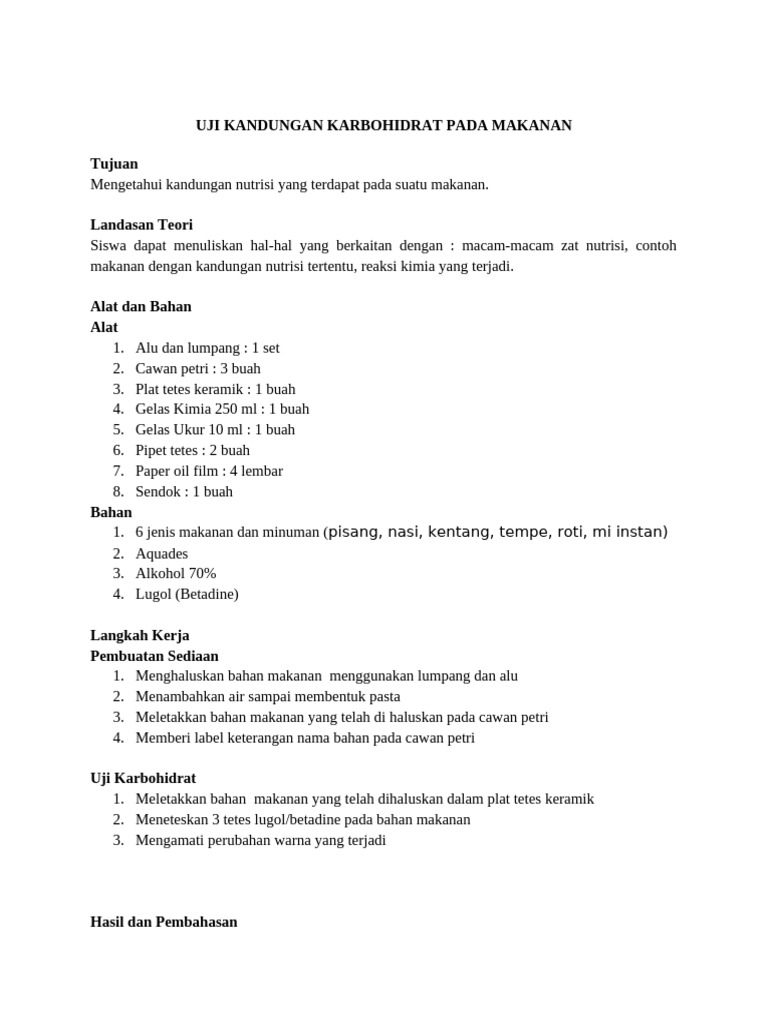 Uji Kandungan Karbohidrat Dan Lemak Pada Makanan Pdf