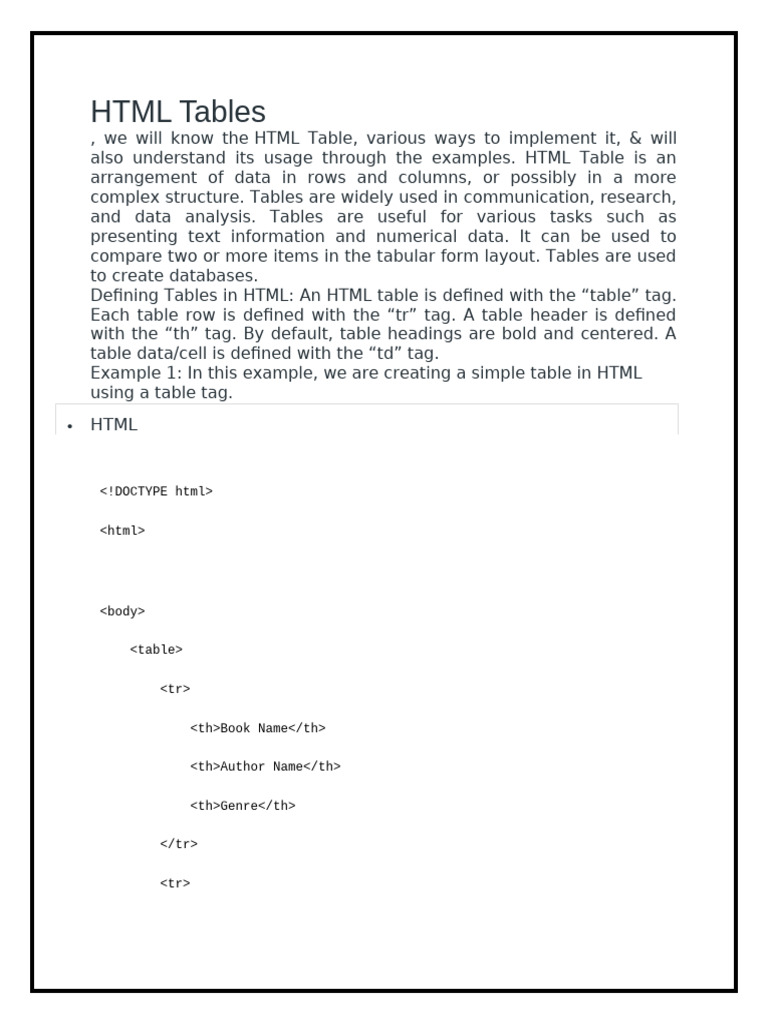 HTML Tables | PDF