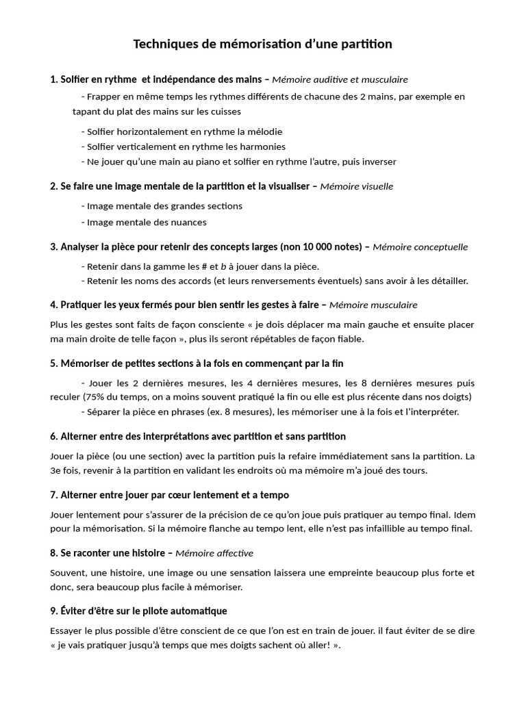 Techniques de mémorisation musicale | PDF