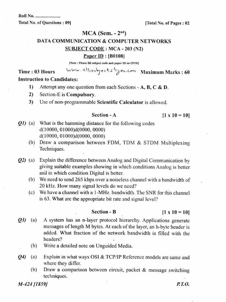 MCA Sem 2 Data Communication Exam Paper | PDF | Physical Layer ...