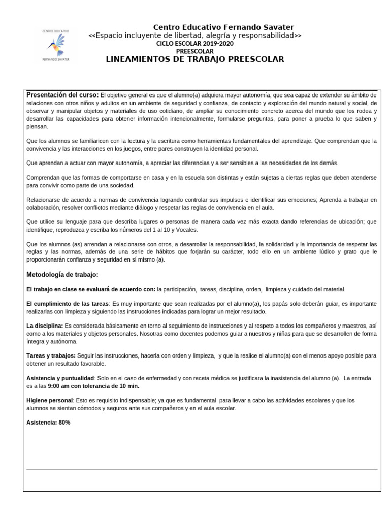 Lineamientos de Trabajo Kinder 1 2019 | PDF | Educación de la primera ...