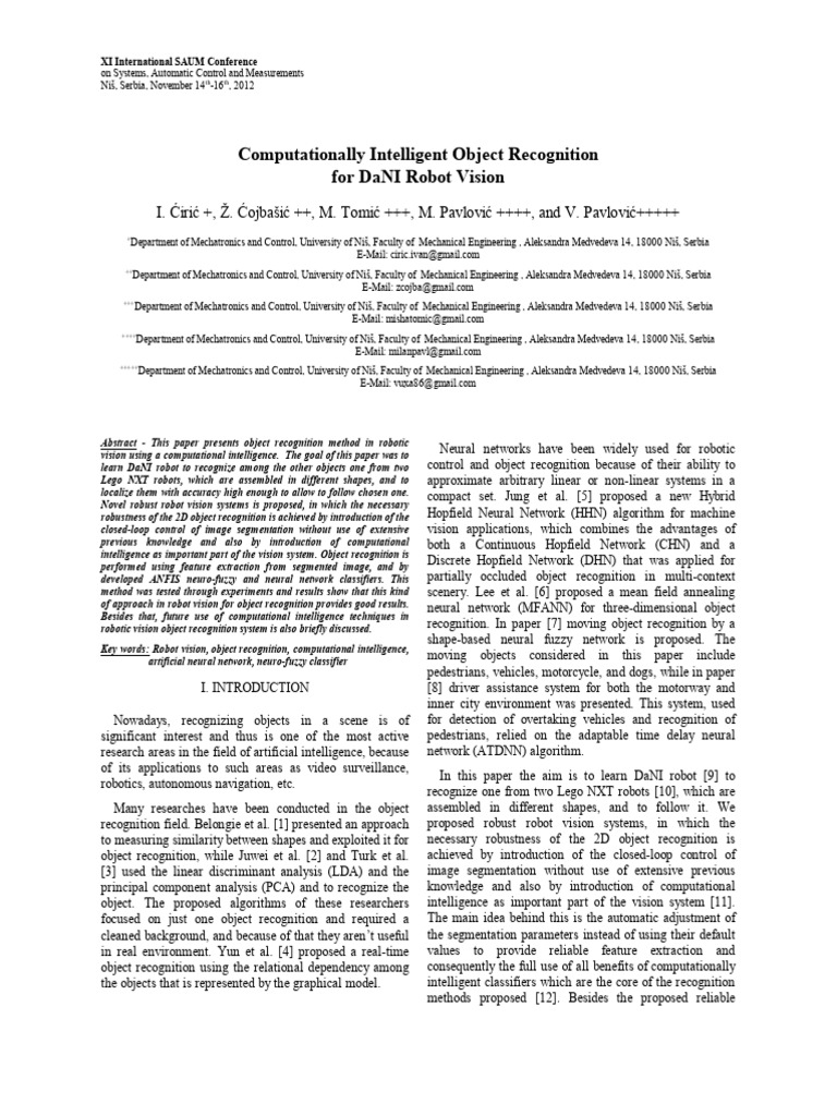 Computationally intelligent object recognition for dani robot vision pdf