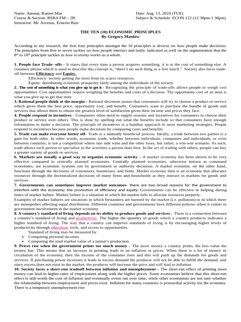 ECON 122 (10 Principles) | PDF
