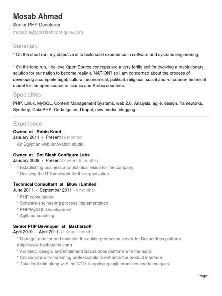 Senior PHP Developer Profile: Mosab Ahmad | PDF | Php | My Sql