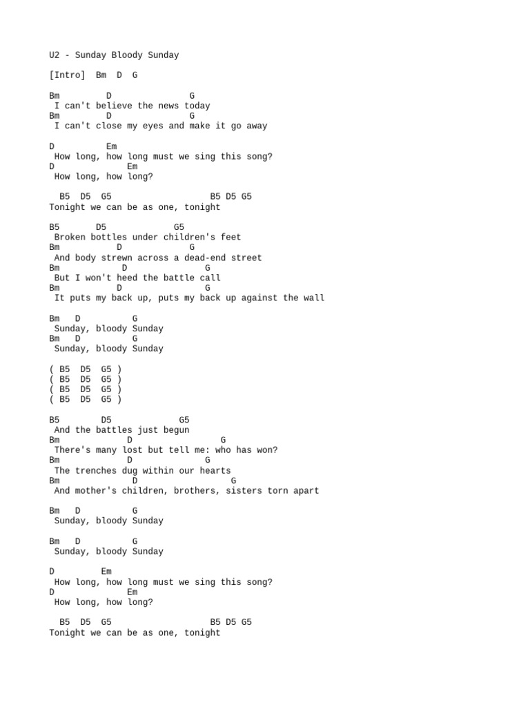 U2 Sunday Bloody Sunday Lyrics & Chords | PDF | Chess | Chess Theory
