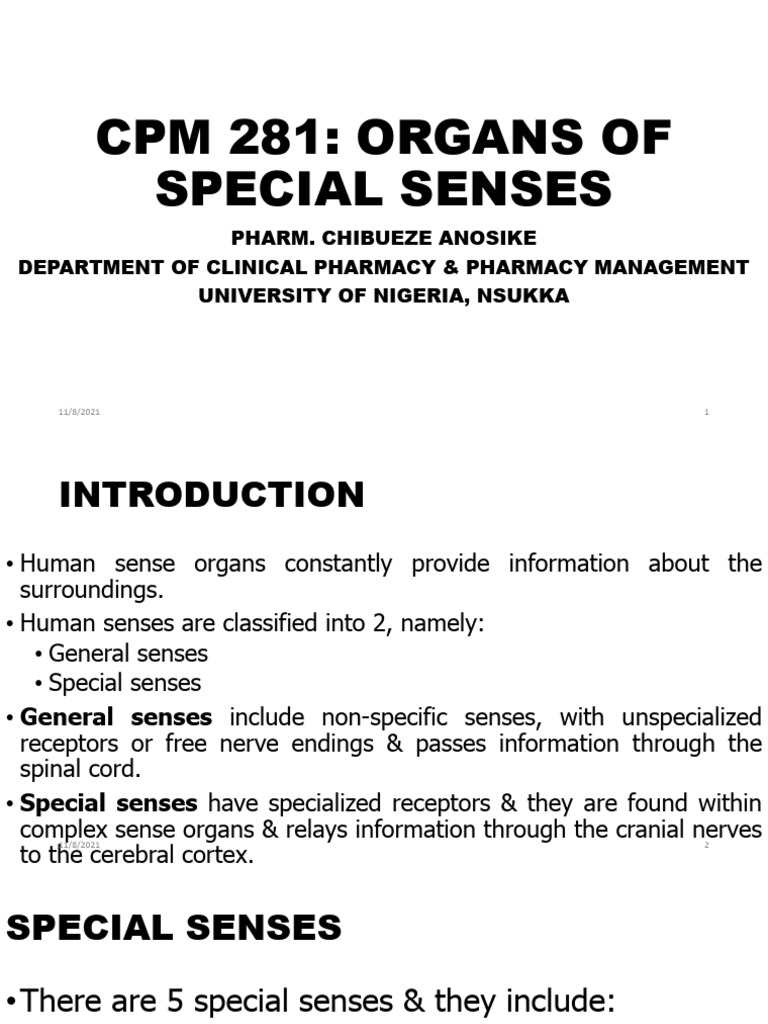 CPM 281 - Organs of Special Senses - Lecture Note | PDF | Ear | Taste