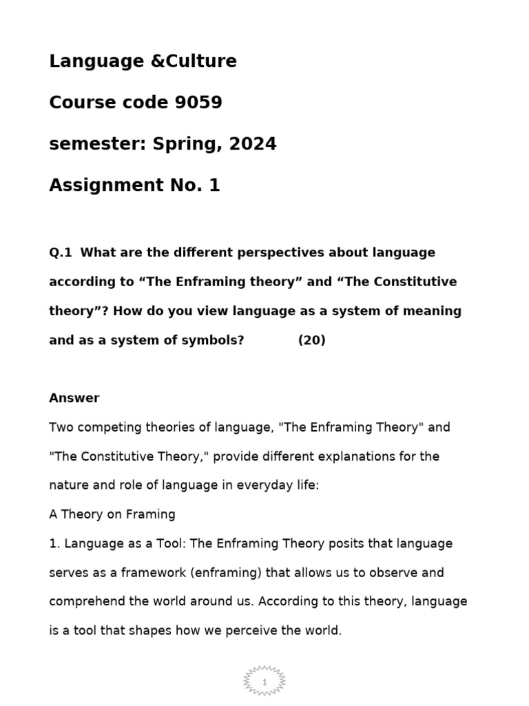 Language &culture Course Code 9059 Semester: Spring, 2024 Assignment No ...