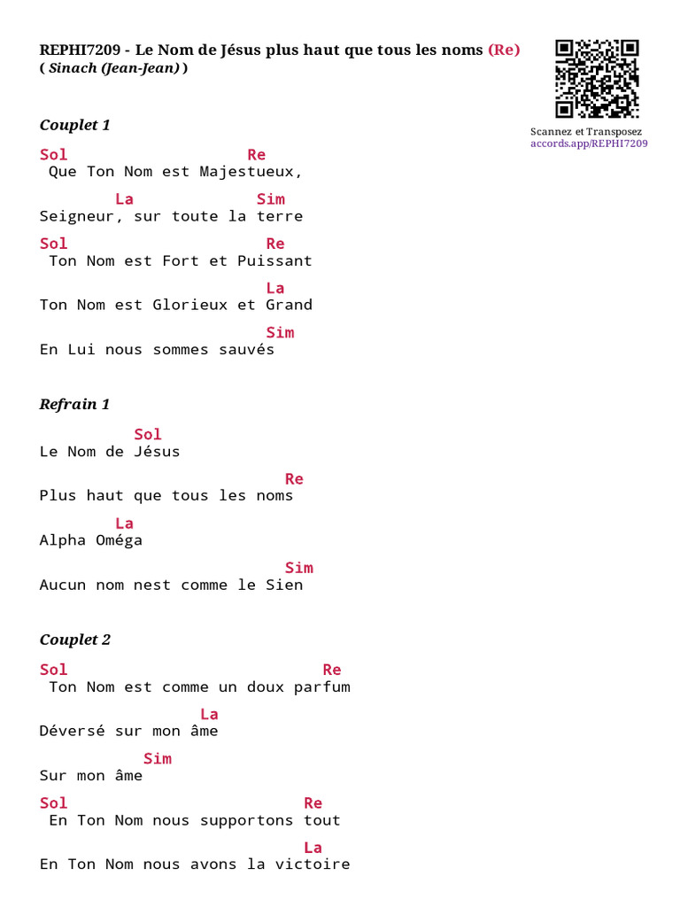 Le Nom De Jesus Plus Haut Que Tous Les Noms Paroles Accords Re Pdf