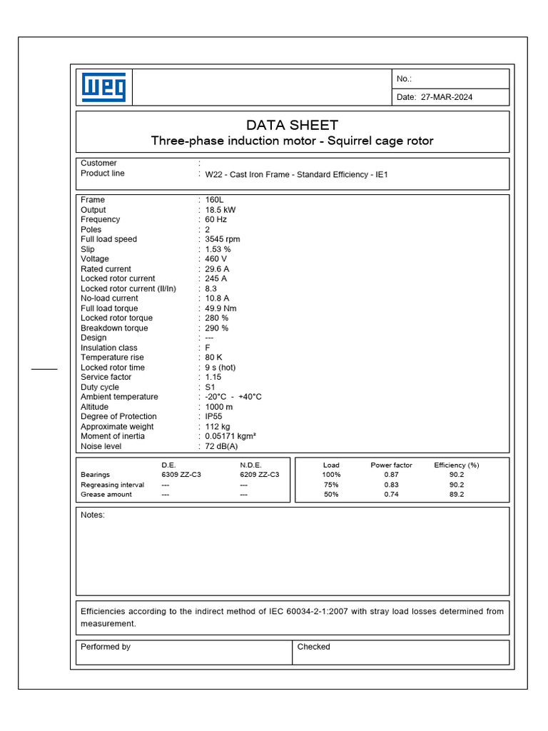 Data Sheet: Three-Phase Induction Motor - Squirrel Cage Rotor | PDF