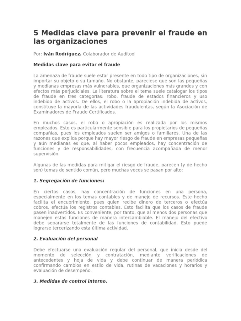 5 Medidas clave para prevenir el fraude en las organizaciones | PDF