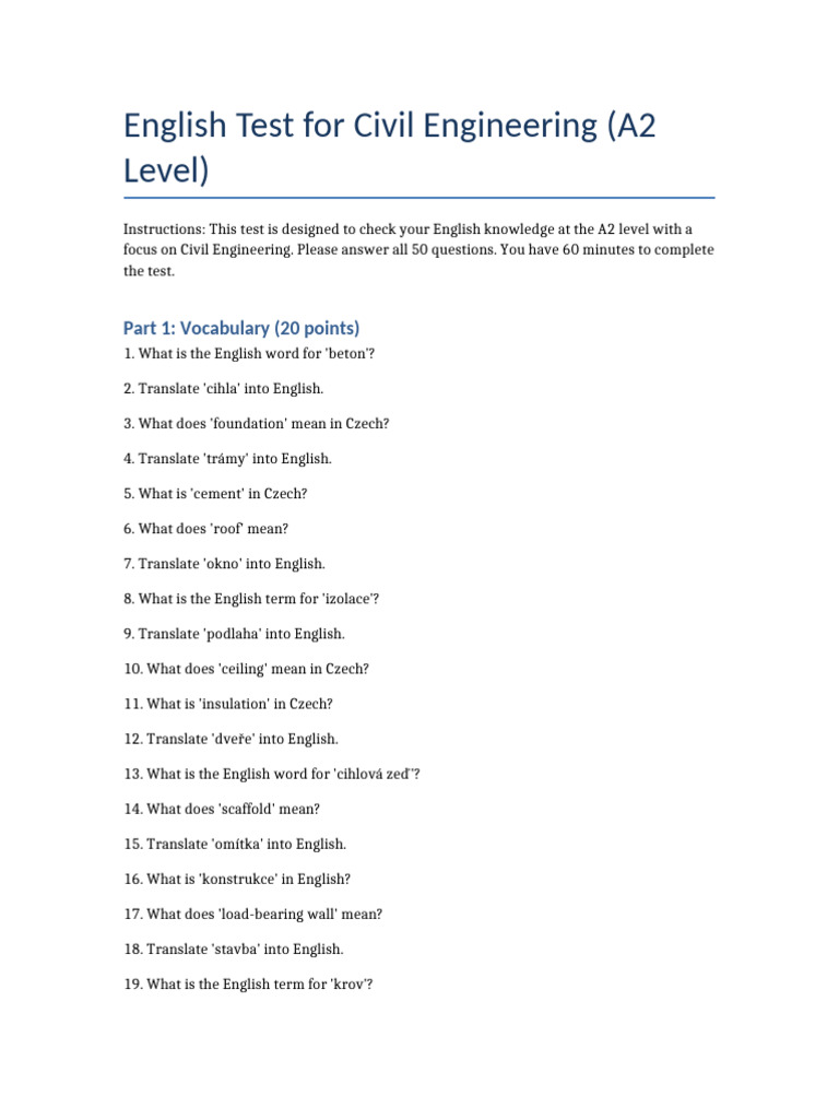 English Test Civil Engineering A2 Level | PDF