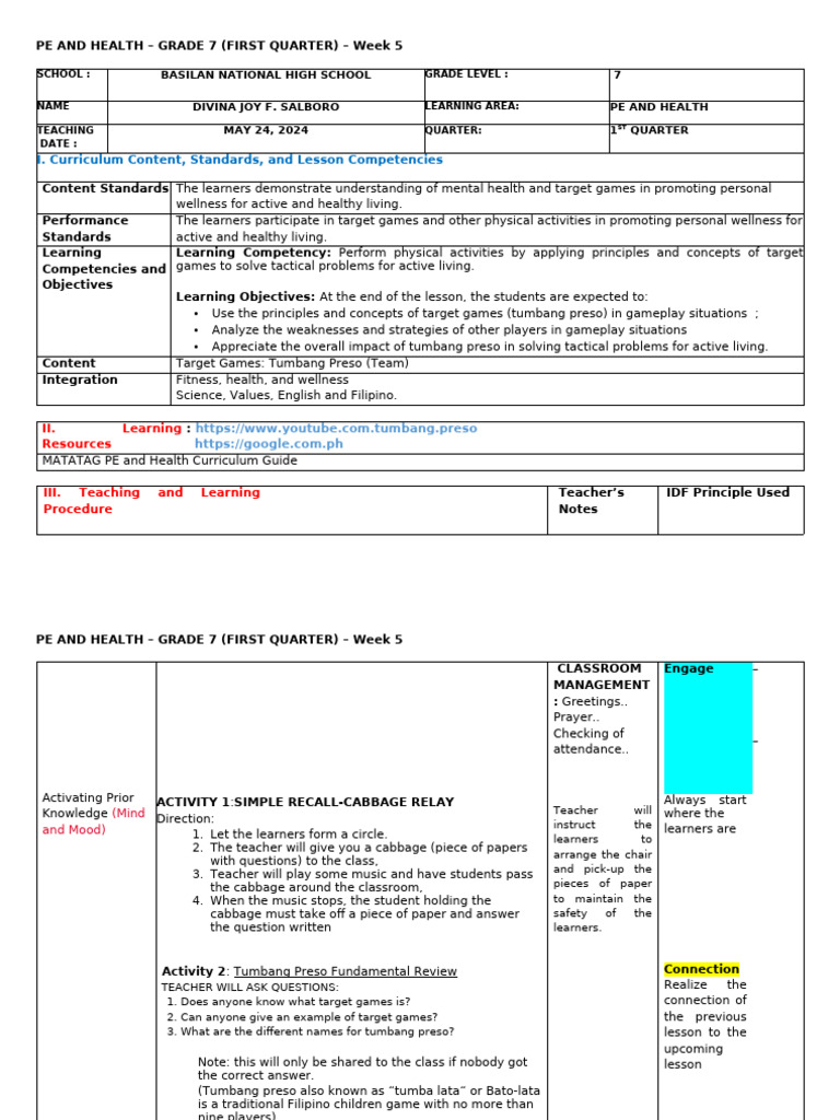 Cabbage Relay Game in PE Class | PDF | Educational Assessment | Career ...