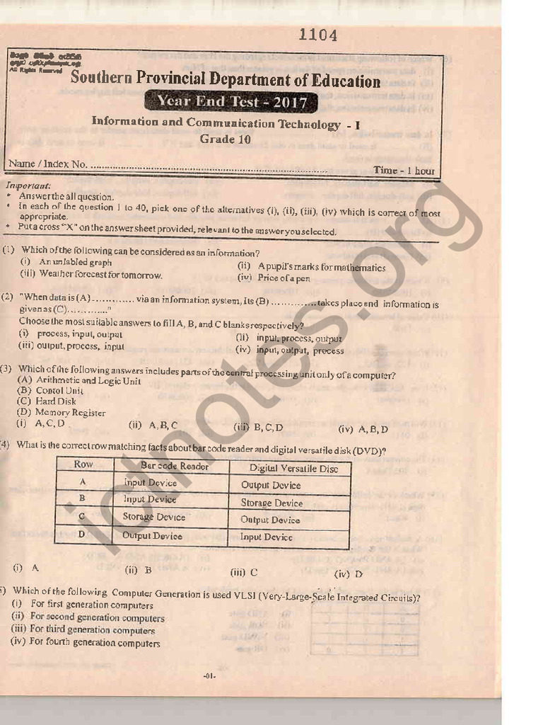 Grade 10 ICT English Medium Second Term Test Southern Province Paper ...