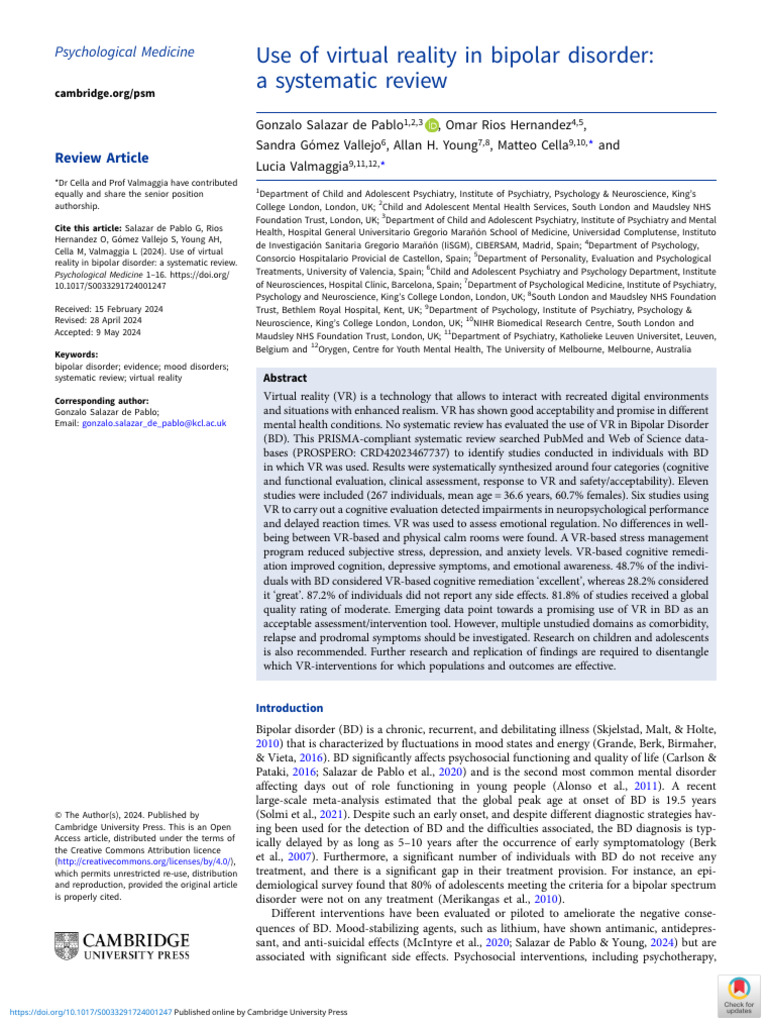 Use of Virtual Reality in Bipolar Disorder A Systematic Review | PDF ...