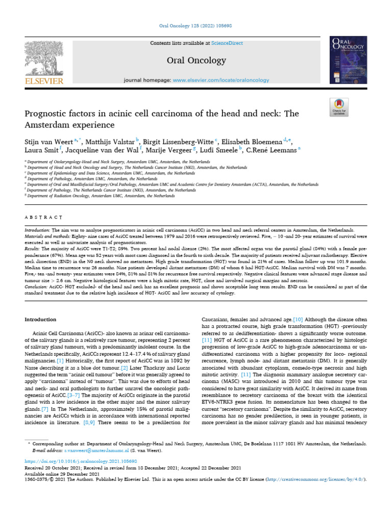 Prognostic Factors in Acinic Cell Carcinoma of The Head and Neck - The ...