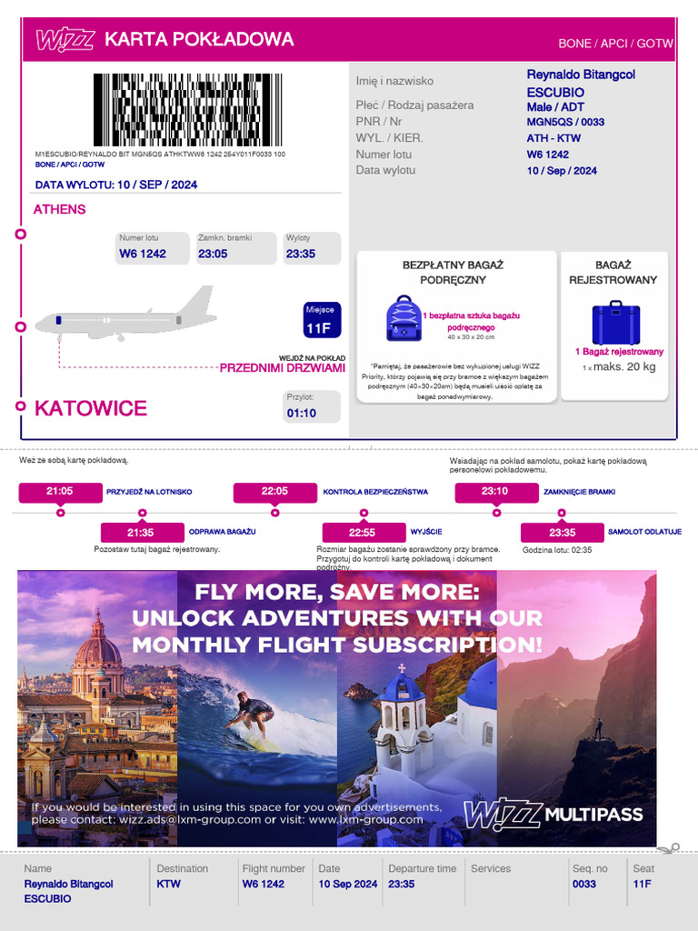 Flight Ticket: ATH to KTW, W6 1242 | PDF