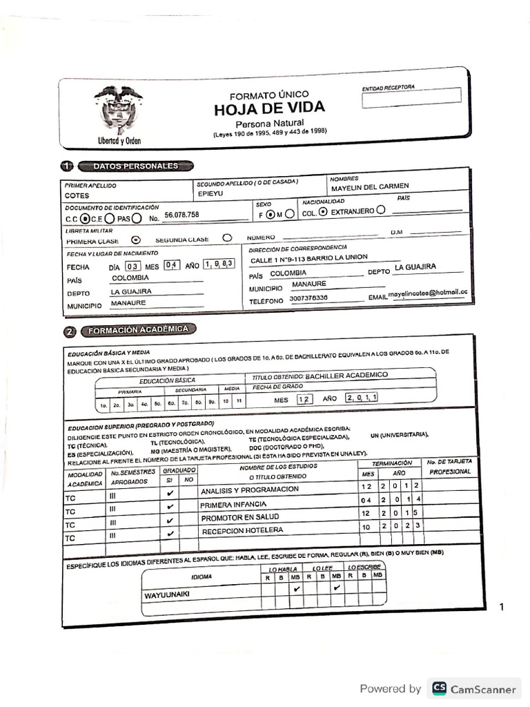 Hoja de Vida Mayelin Cotes Epieyu #2 | PDF