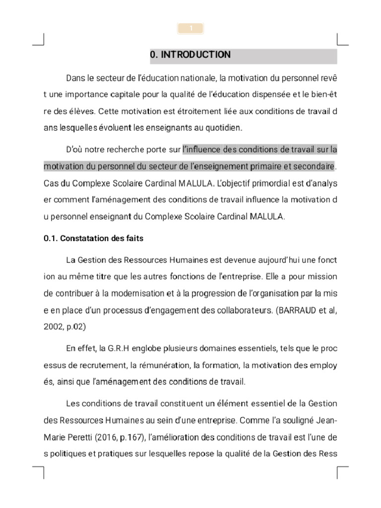 Apport Des Conditions de Travail Sur La Motivation Du Personnel | PDF