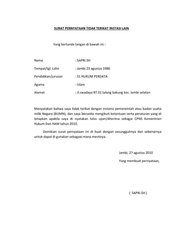 Surat Pernyataan Tidak Terikat Kerja Dengan Instansi Lain Kumpulan Surat Penting