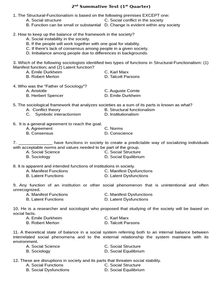 2nd Summative Test (1st Q.) | PDF | Sociology | Social Structure